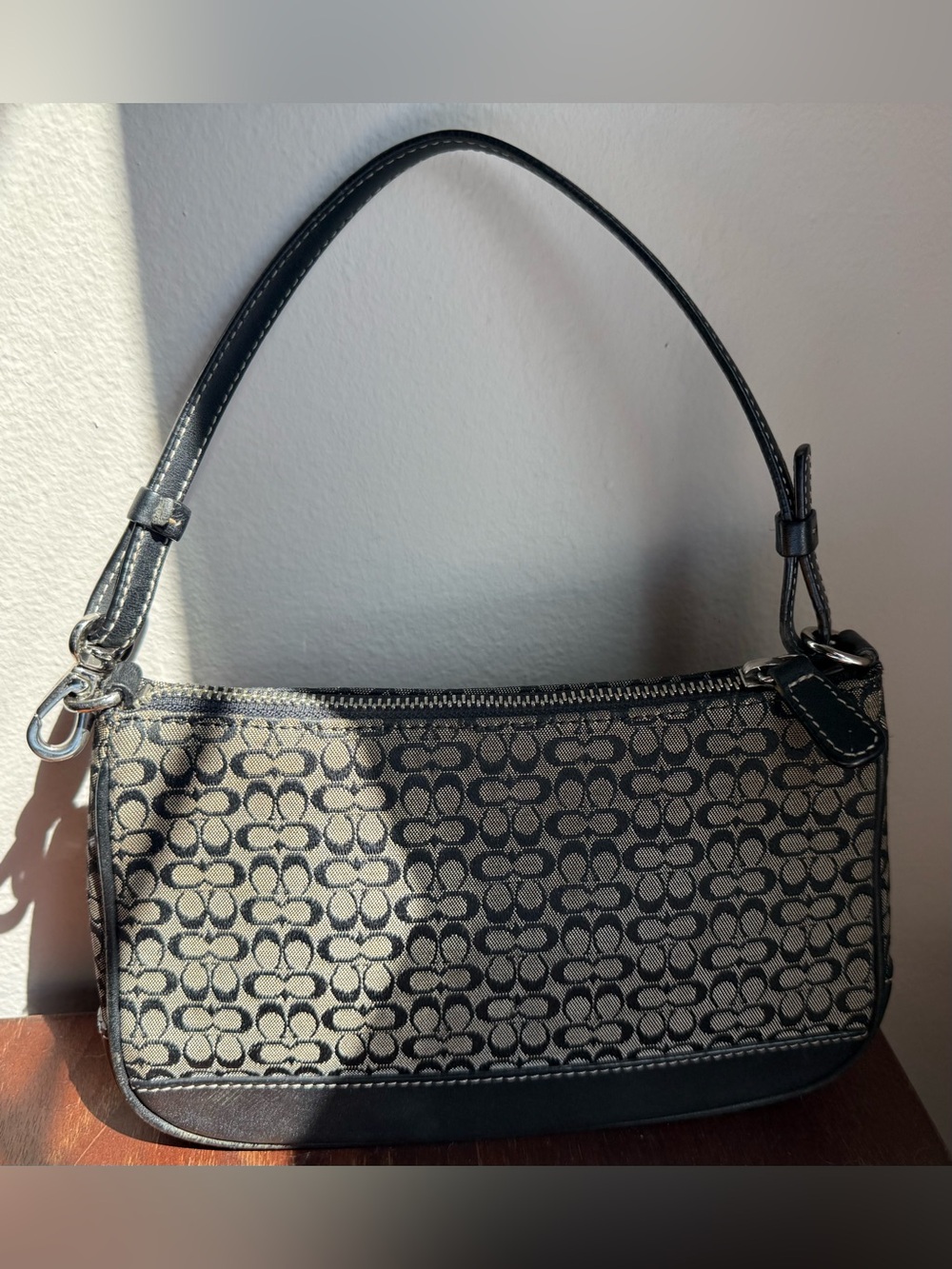 Coach Black and Beige Signature Mini Shoulder Bag